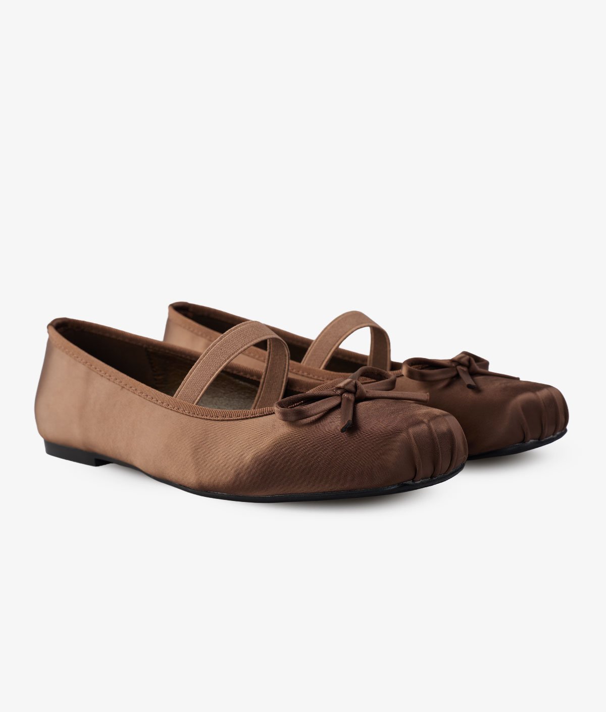 Satin Ruched Square-Toe Bow Single Strap Mary Jane Ballet Flats