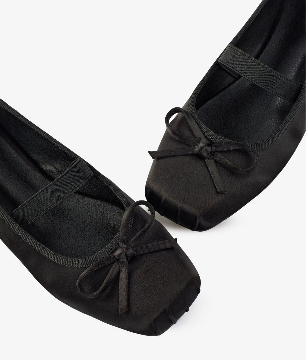 Satin Ruched Square-Toe Bow Single Strap Mary Jane Ballet Flats