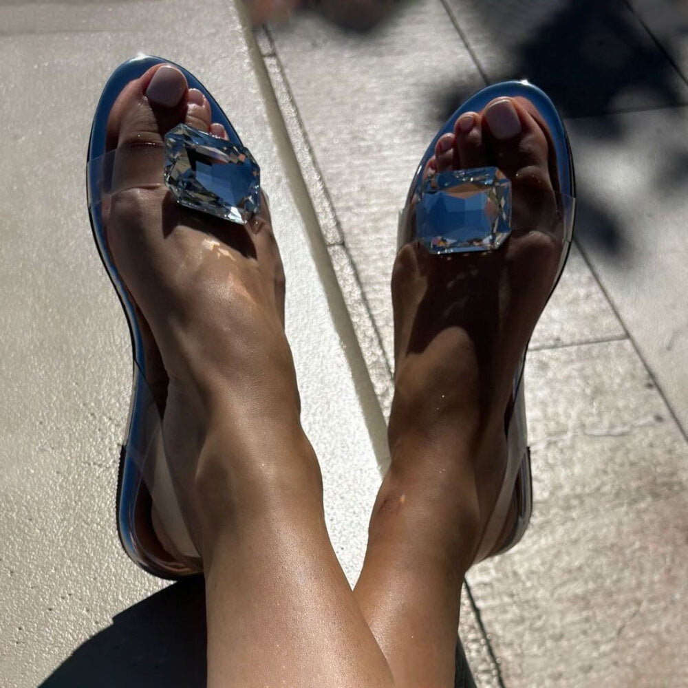 Ladies' Clear Strap Flat Sandals with Large Square Crystal