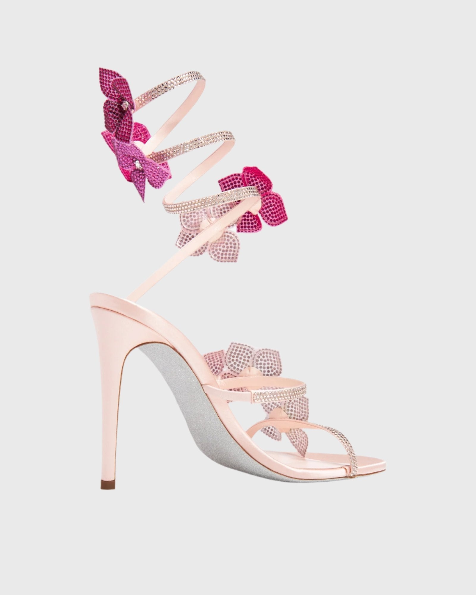 Women's Rhinestone Flower Spiral Ankle Wrap Heeled Sandals