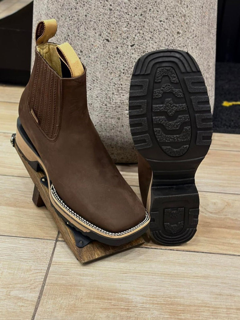 Brown Nubuck Square-Toe Chelsea Boots