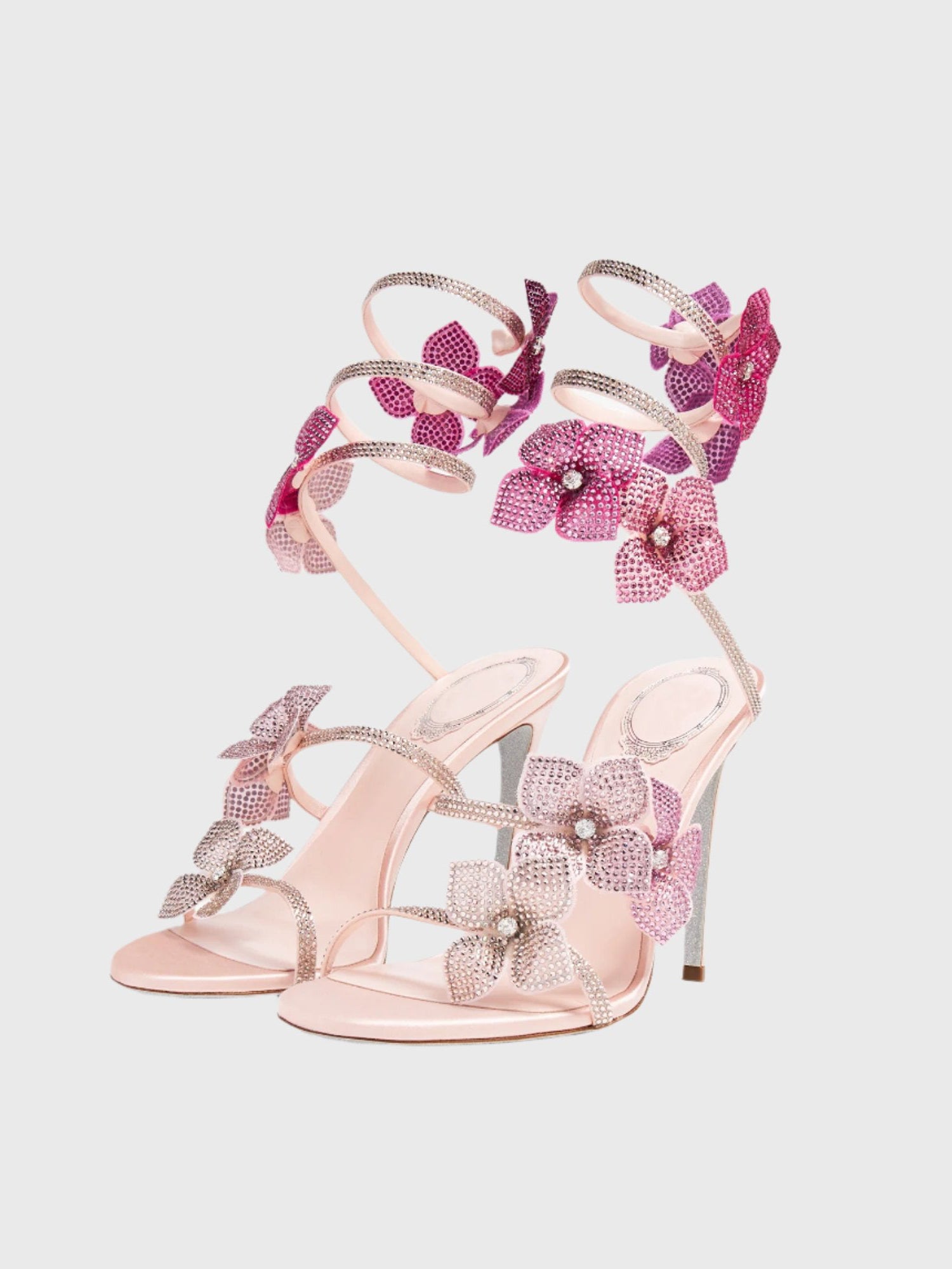 Women's Rhinestone Flower Spiral Ankle Wrap Heeled Sandals