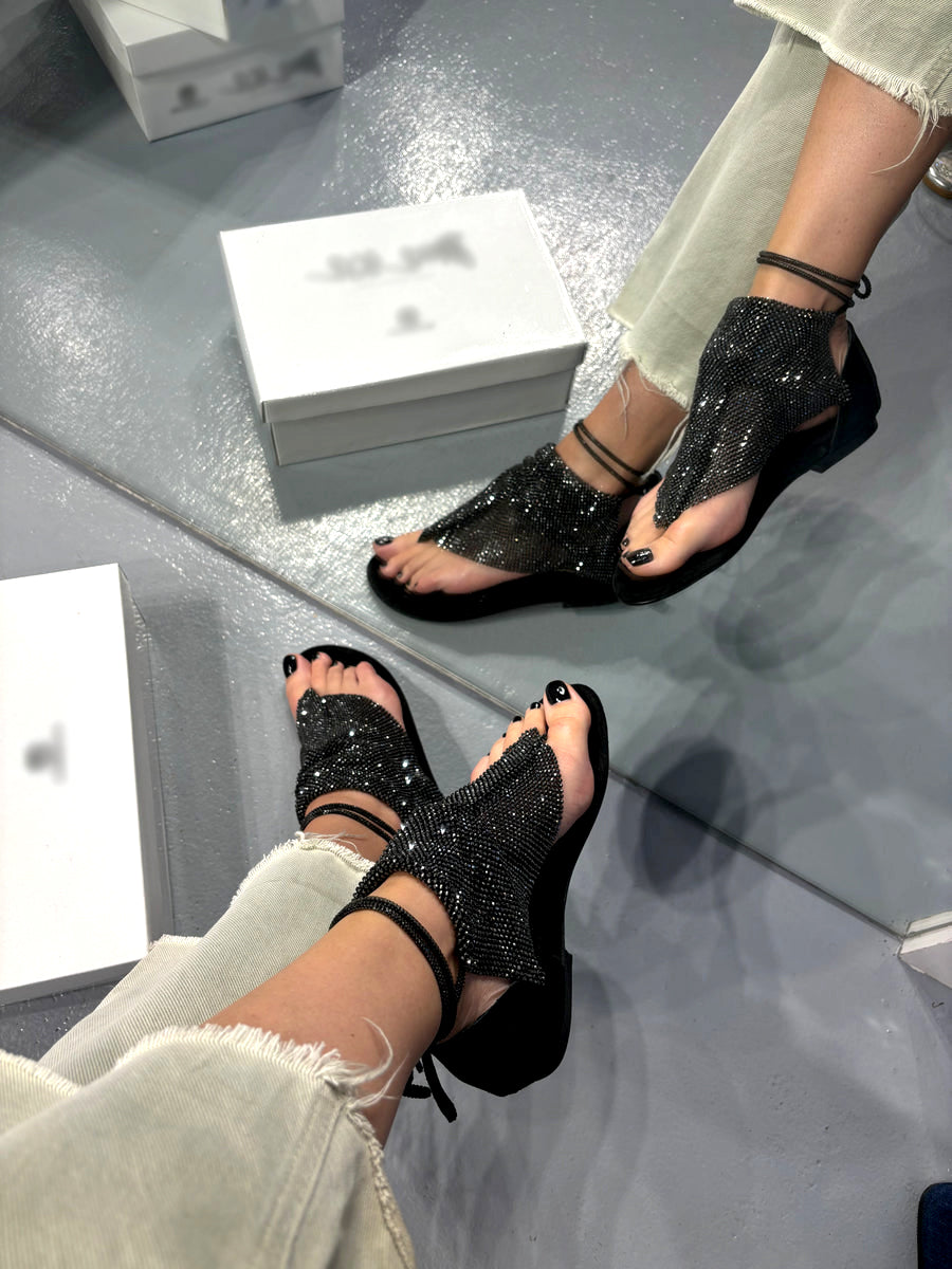 Women's Crystal Mesh Thong Ankle-Tie Flat Sandals