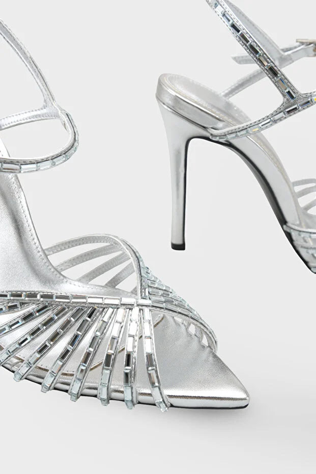 Fan-Shaped Cutout Rhinestone Pointed Toe Stiletto Ankle Strap Heels