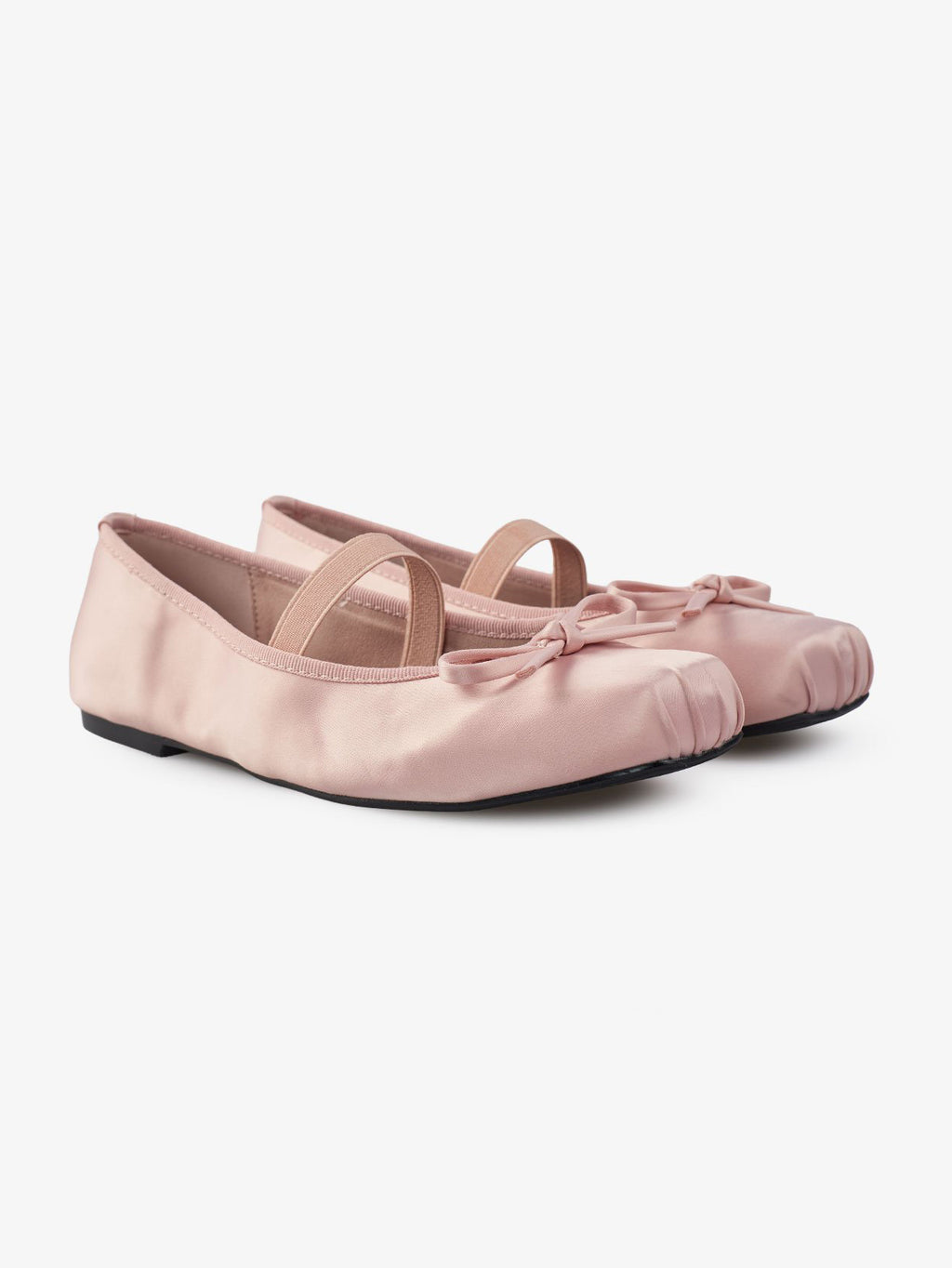 Satin Ruched Square-Toe Bow Single Strap Mary Jane Ballet Flats