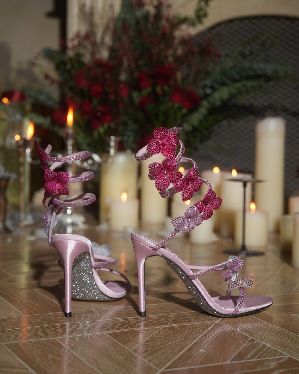 Women's Rhinestone Flower Spiral Ankle Wrap Heeled Sandals