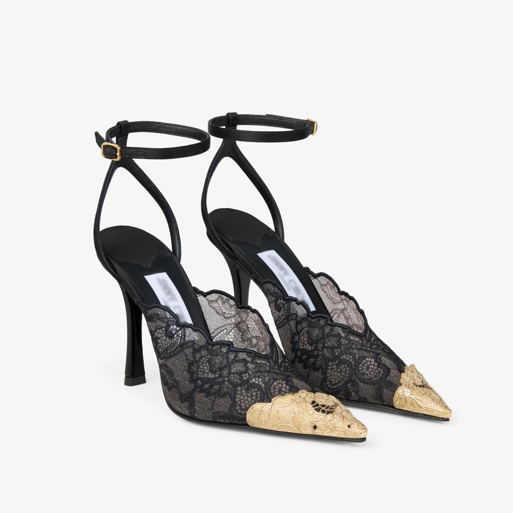 Ladies' Lace Pointed-Toe Ankle Strap Heels with Gold Toe Cap