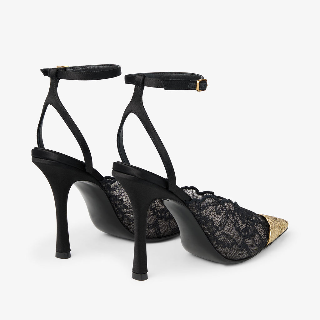 Ladies' Lace Pointed-Toe Ankle Strap Heels with Gold Toe Cap