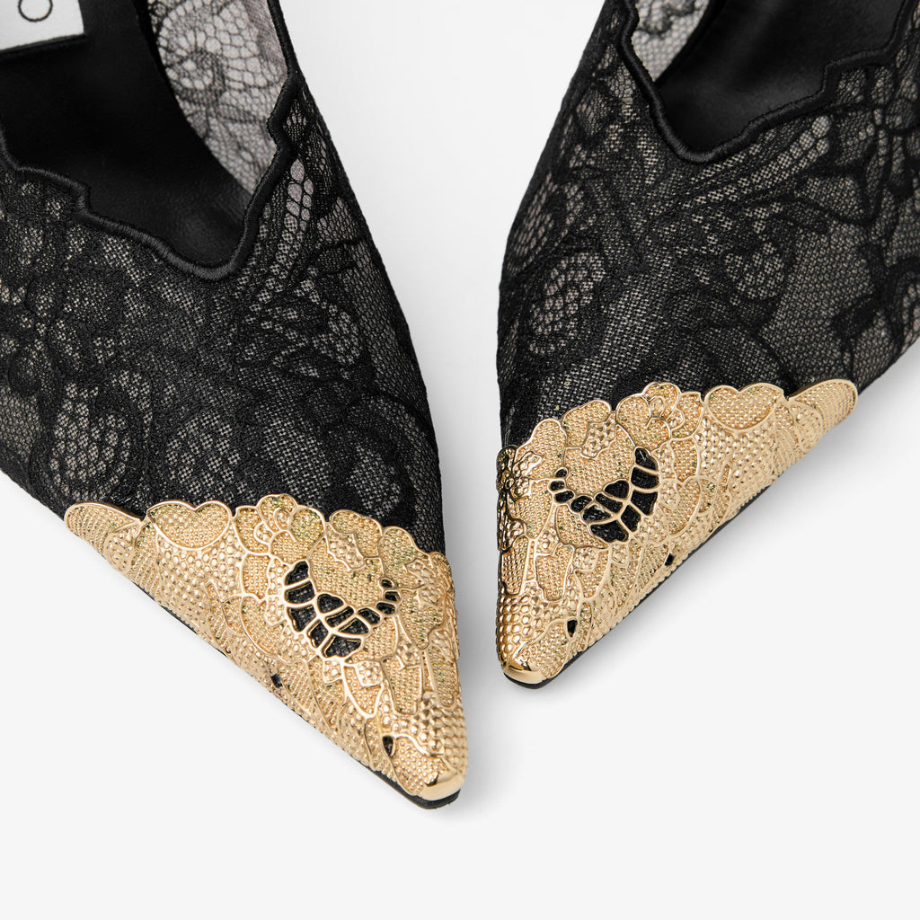 Ladies' Lace Pointed-Toe Ankle Strap Heels with Gold Toe Cap