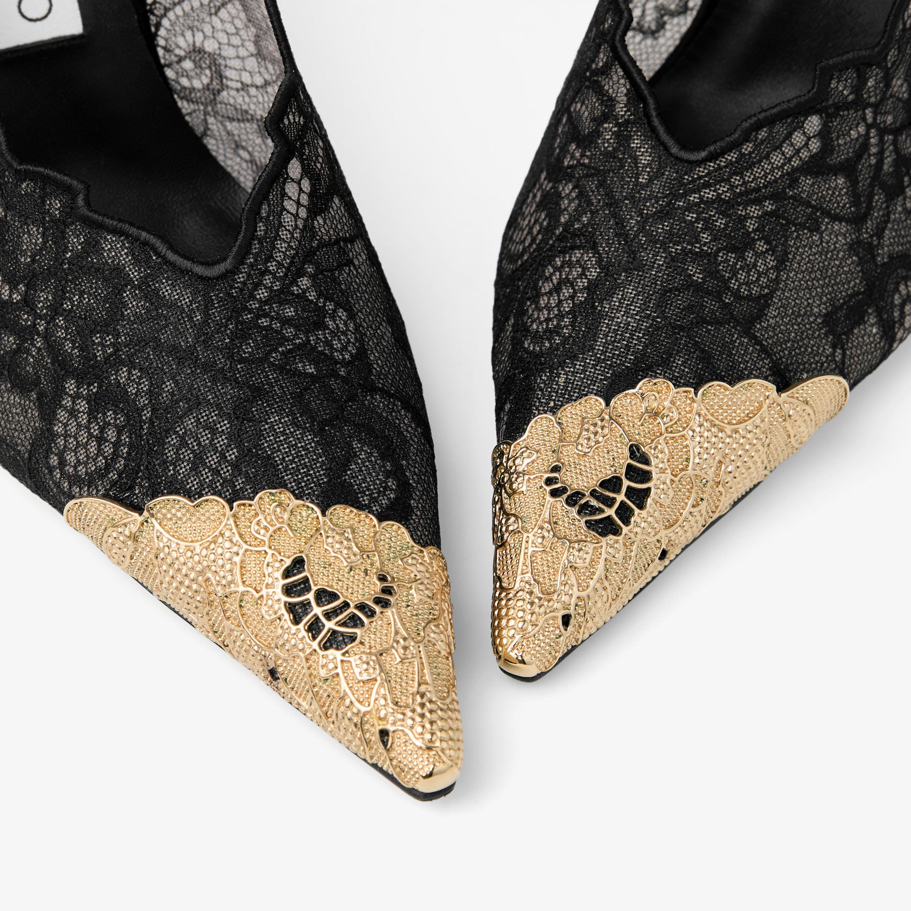 Ladies' Lace Pointed-Toe Ankle Strap Heels with Gold Toe Cap