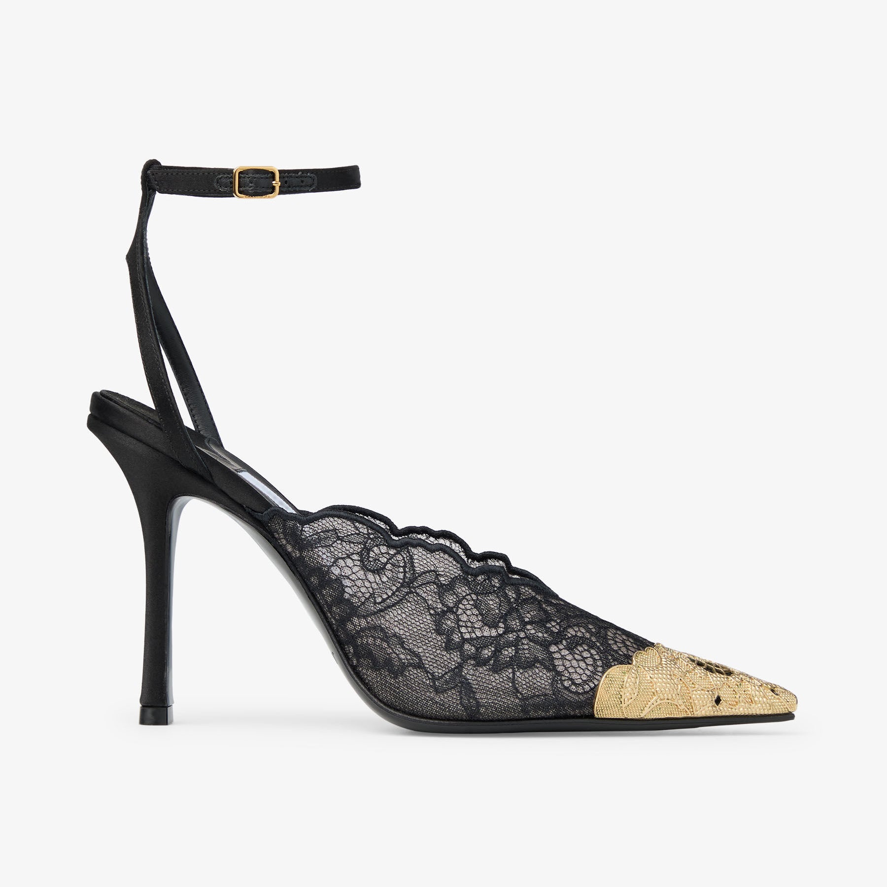 Ladies' Lace Pointed-Toe Ankle Strap Heels with Gold Toe Cap