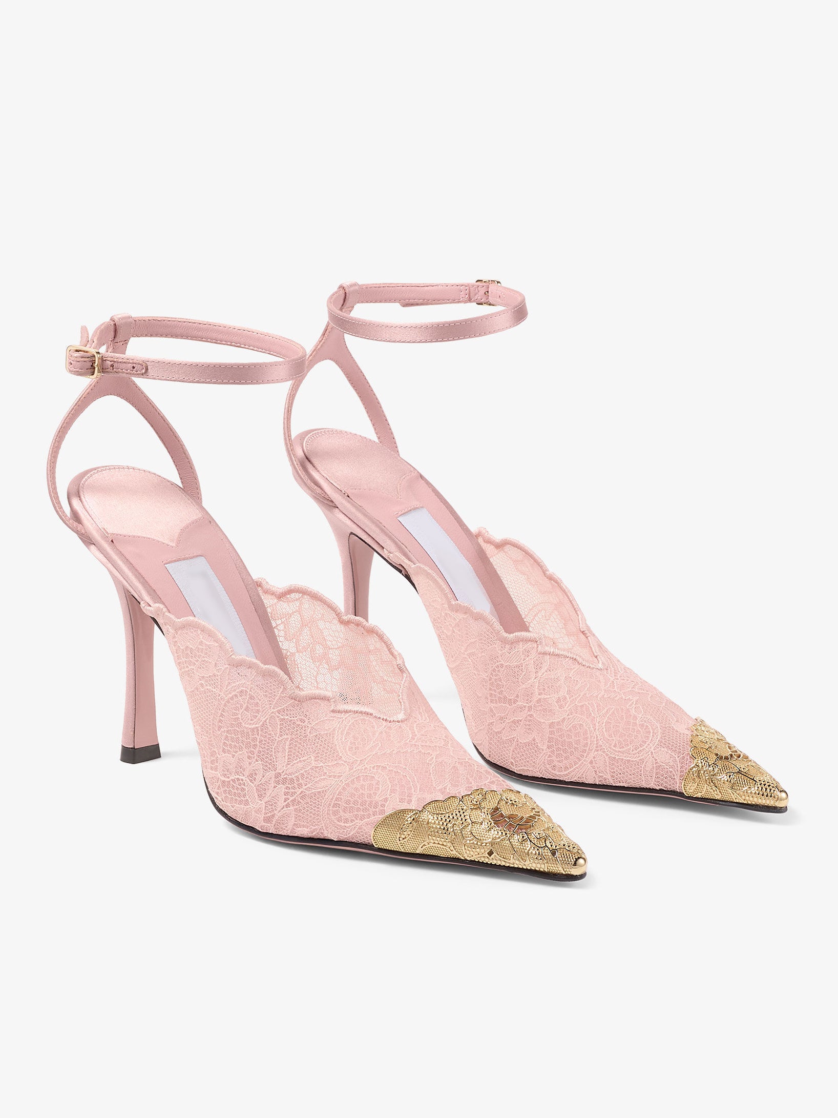 Ladies' Lace Pointed-Toe Ankle Strap Heels with Gold Toe Cap