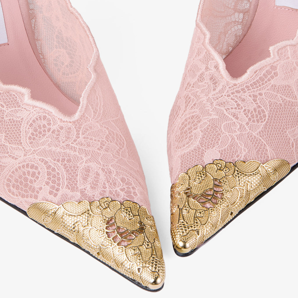 Ladies' Lace Pointed-Toe Ankle Strap Heels with Gold Toe Cap