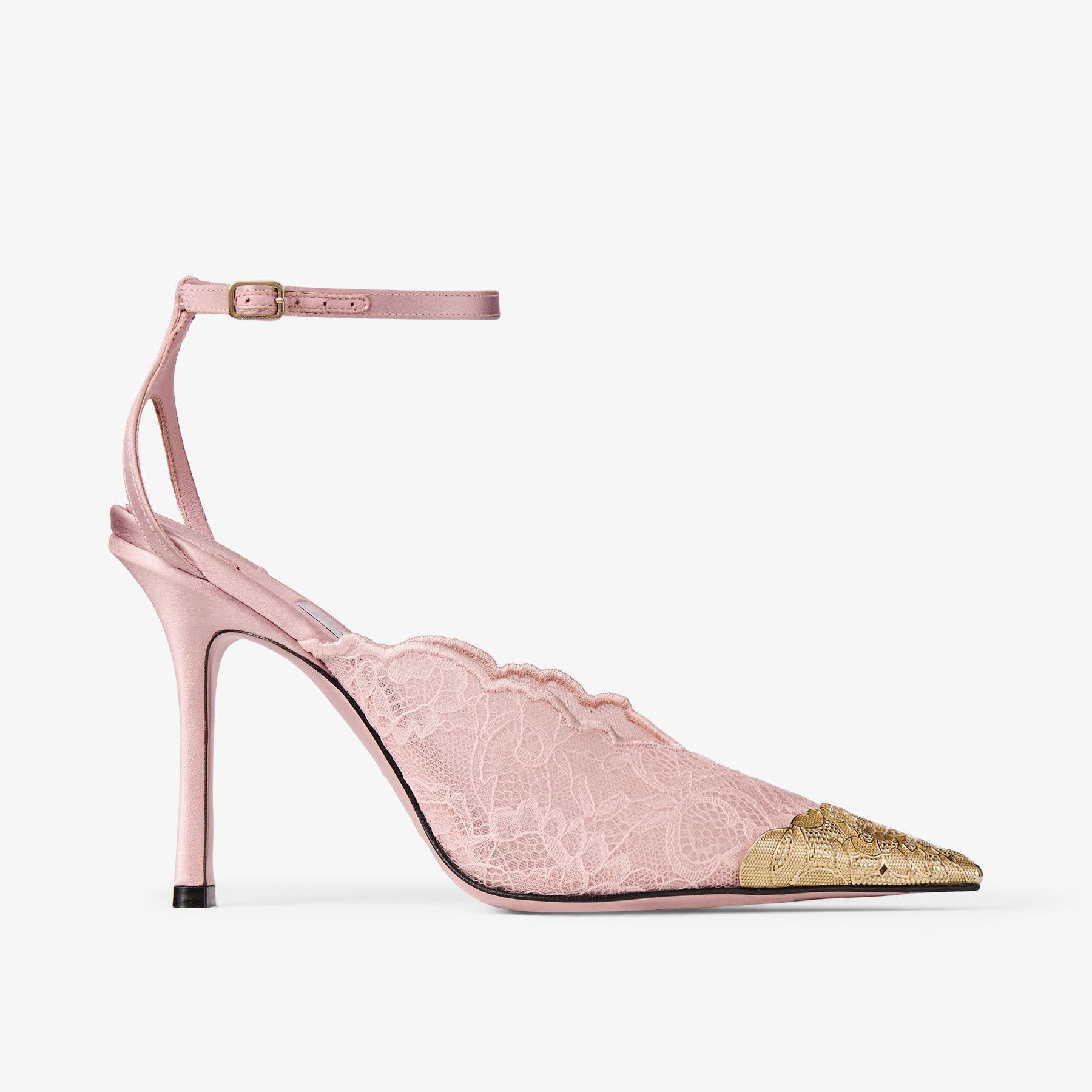 Ladies' Lace Pointed-Toe Ankle Strap Heels with Gold Toe Cap