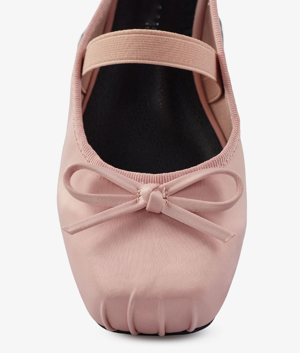 Satin Ruched Square-Toe Bow Single Strap Mary Jane Ballet Flats