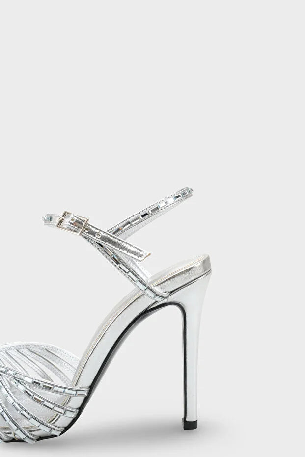 Fan-Shaped Cutout Rhinestone Pointed Toe Stiletto Ankle Strap Heels