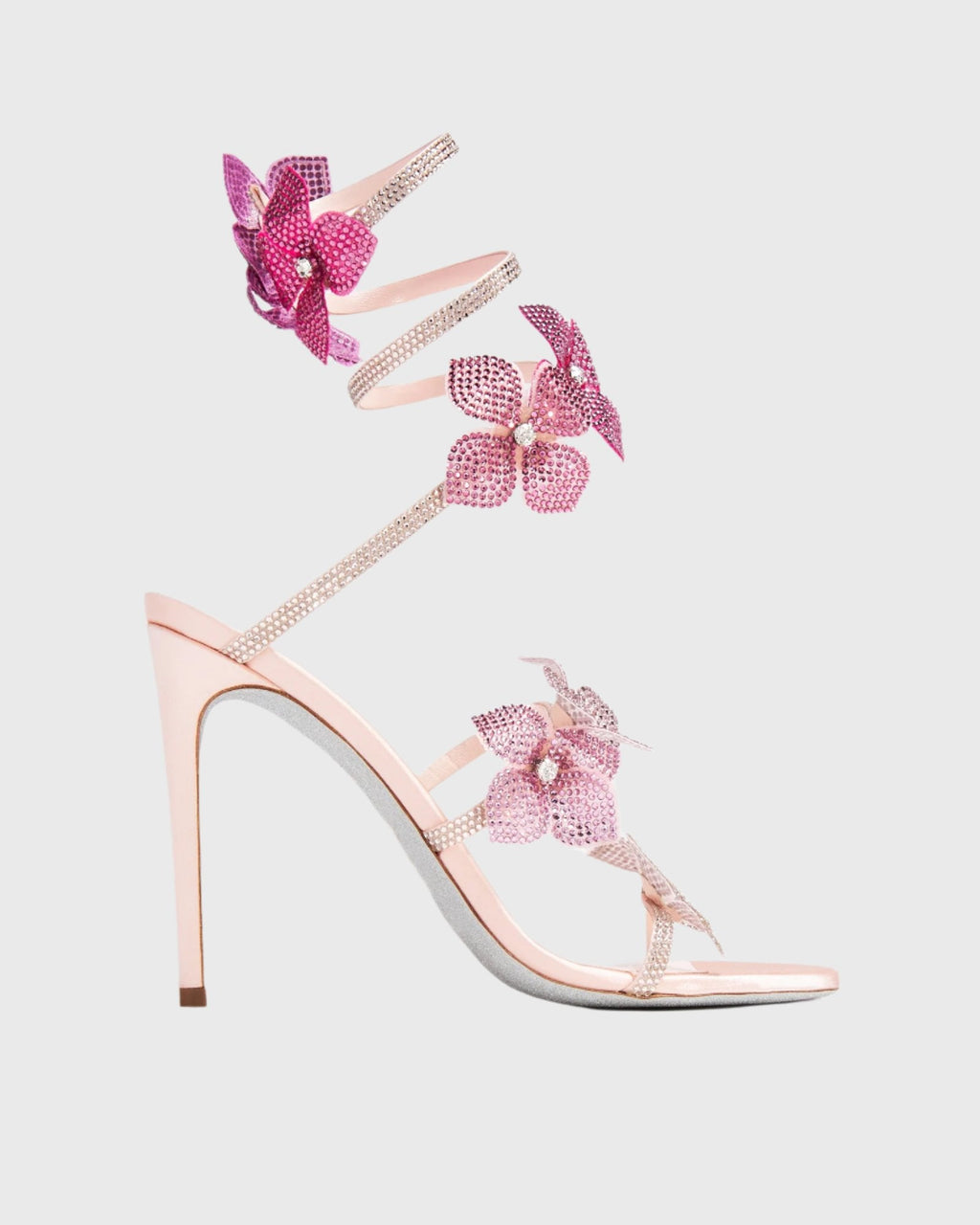 Women's Rhinestone Flower Spiral Ankle Wrap Heeled Sandals