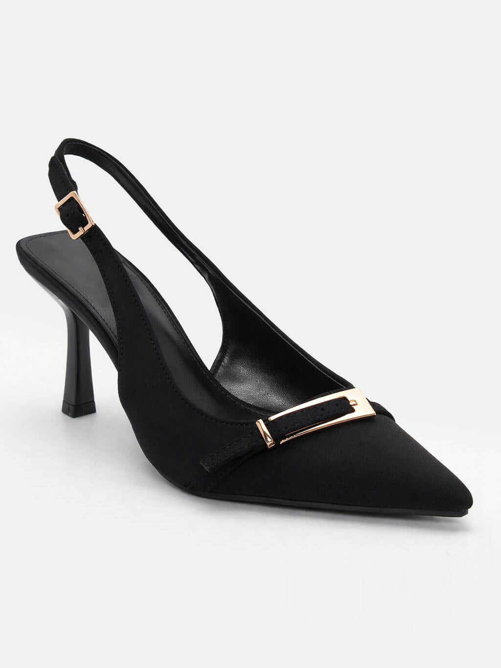 Ladies' Slingback Pointed-Toe Sculptural Heel Pumps with Gold Buckle