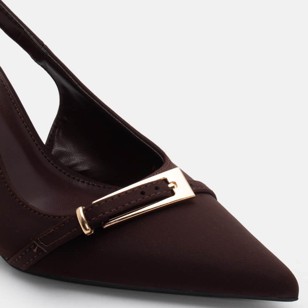 Ladies' Slingback Pointed-Toe Sculptural Heel Pumps with Gold Buckle