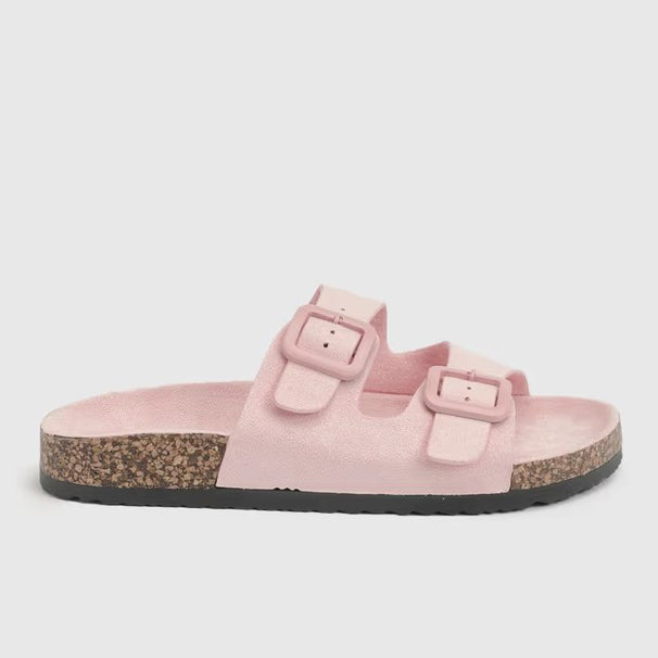 Women's Double Buckle Suede Cork Slides
