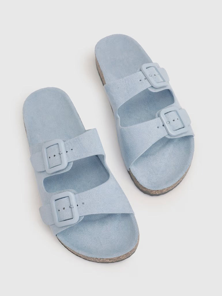 Women's Double Buckle Suede Cork Slides