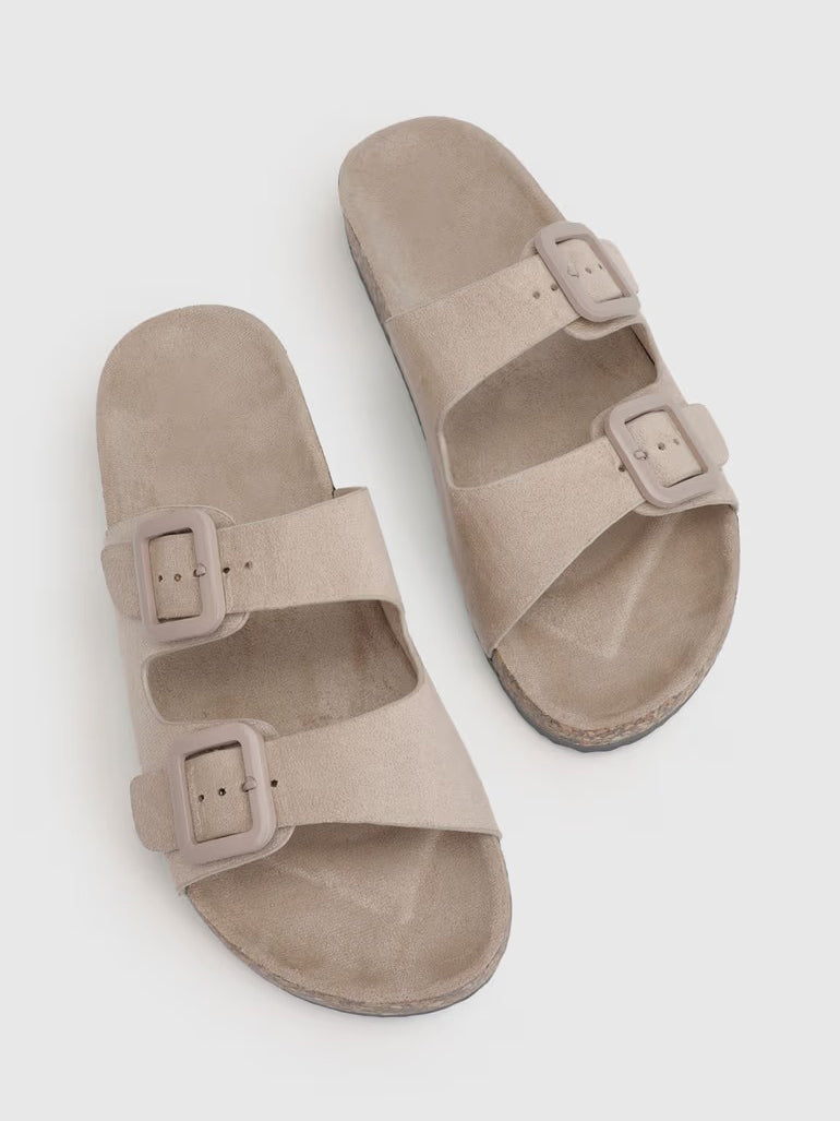 Women's Double Buckle Suede Cork Slides