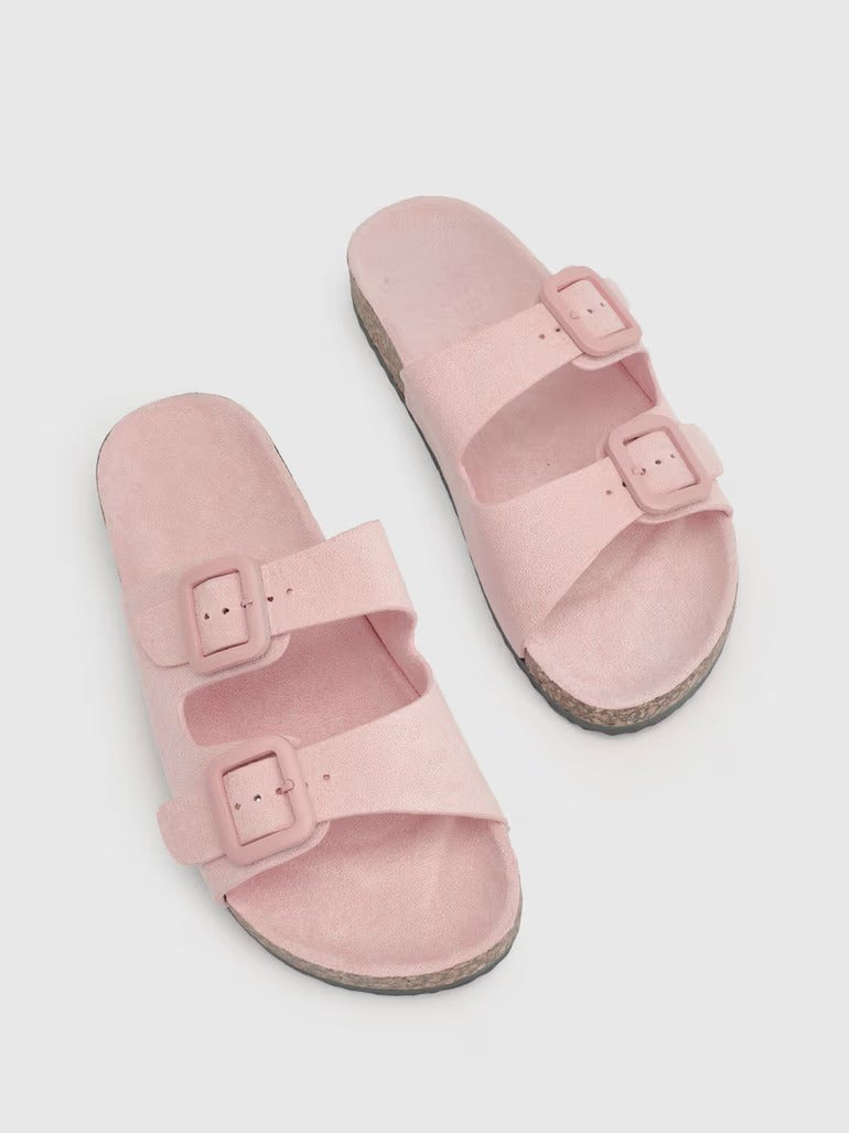 Women's Double Buckle Suede Cork Slides