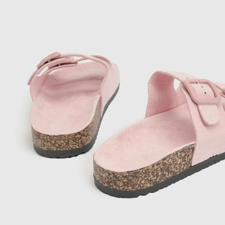 Women's Double Buckle Suede Cork Slides
