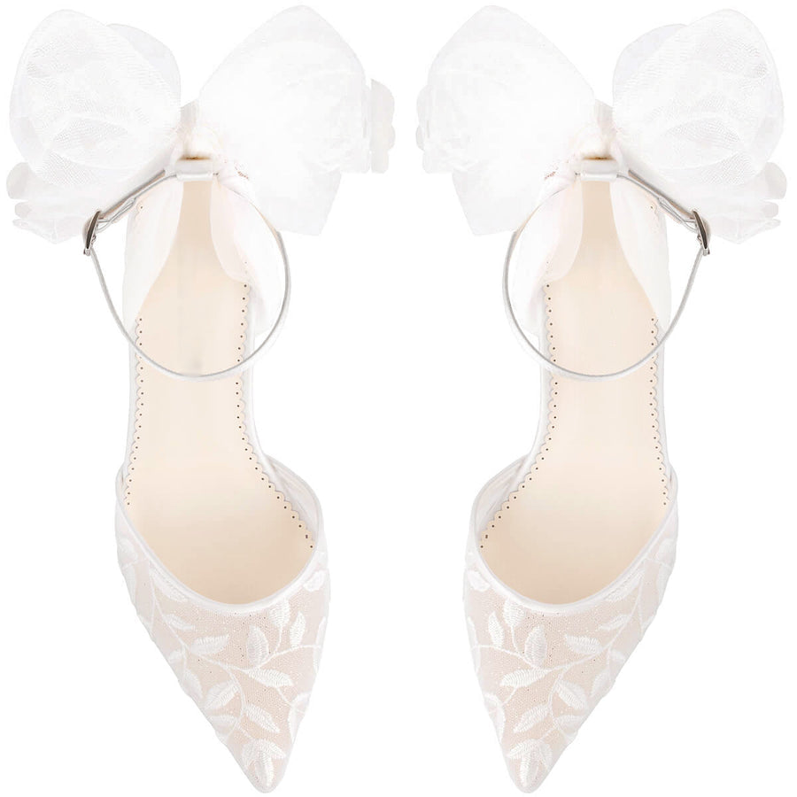 Ladies' Embroidered Lace Bridal Heels with Tulle Bow