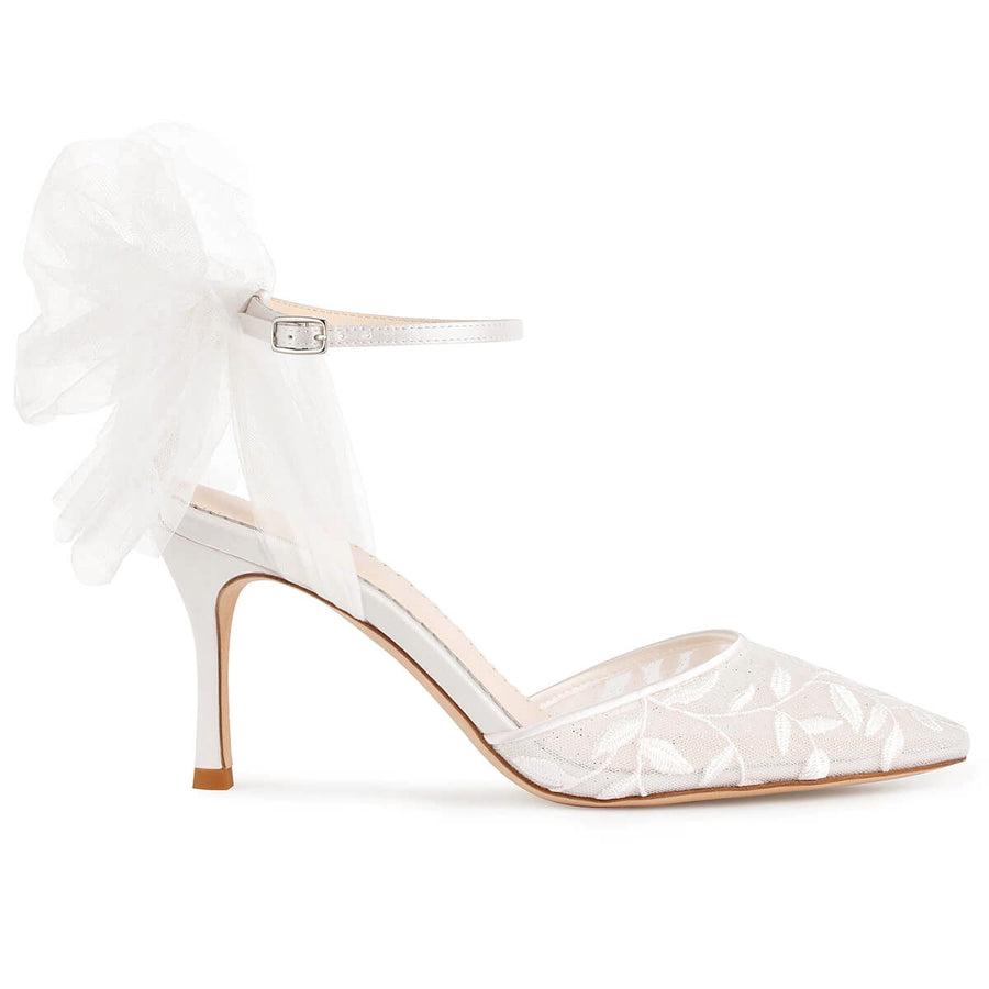 Ladies' Embroidered Lace Bridal Heels with Tulle Bow