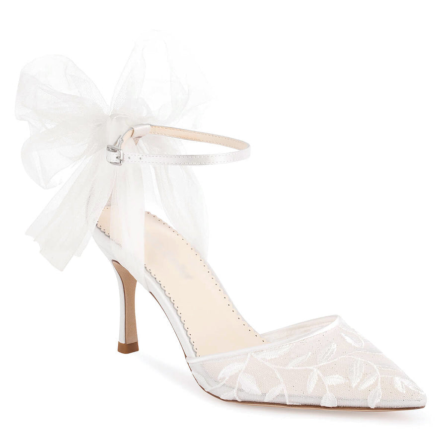 Ladies' Embroidered Lace Bridal Heels with Tulle Bow
