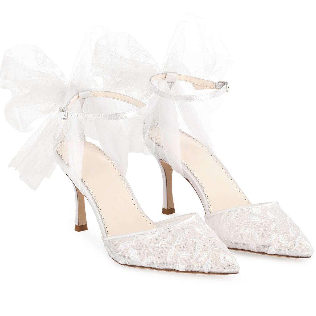 Ladies' Embroidered Lace Bridal Heels with Tulle Bow
