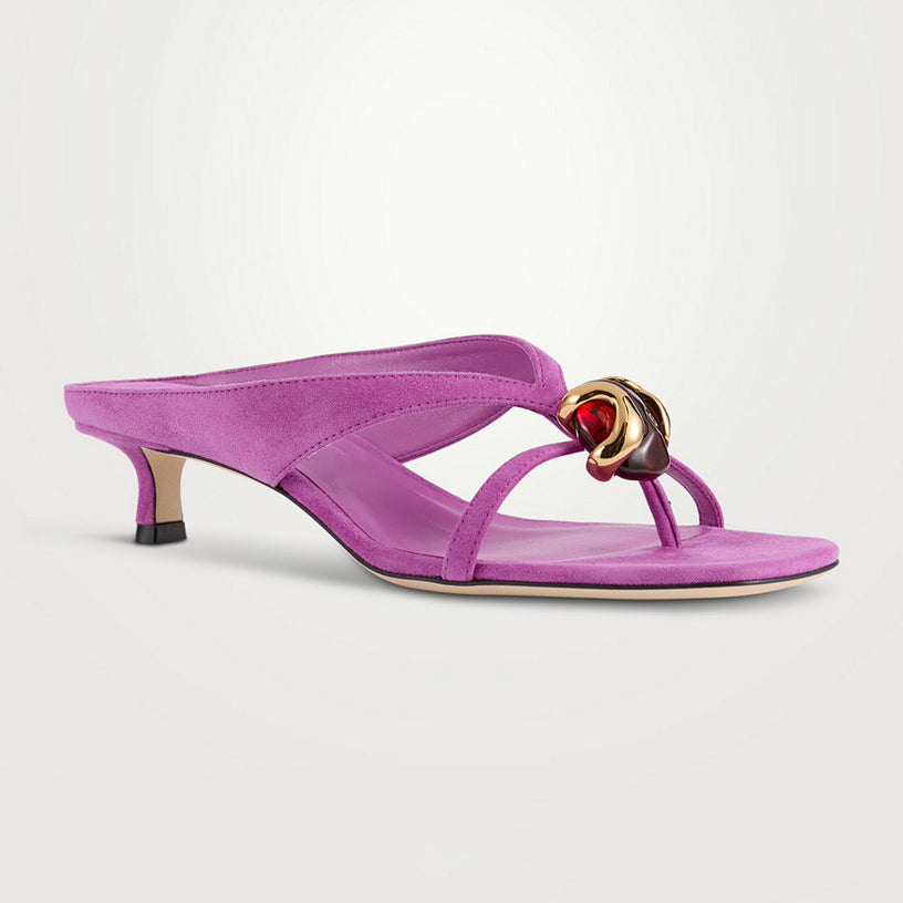 Ladies' Suede Gem-Embellished Kitten Heel Thong Mules