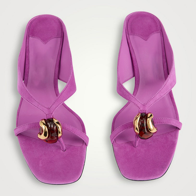 Ladies' Suede Gem-Embellished Kitten Heel Thong Mules