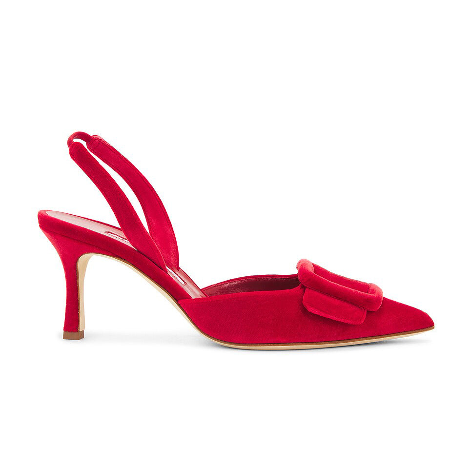 Ladies' Red Suede Buckle-Front Slingback Kitten Heels