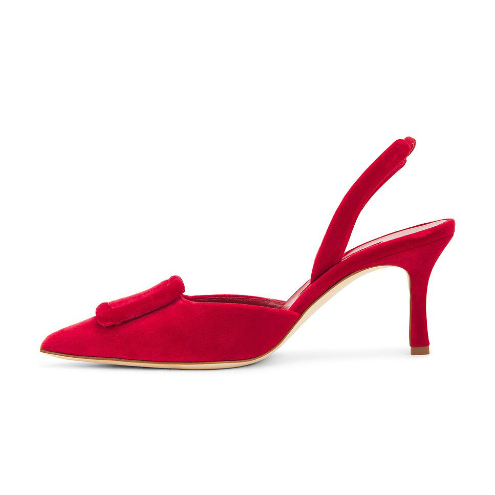 Ladies' Red Suede Buckle-Front Slingback Kitten Heels