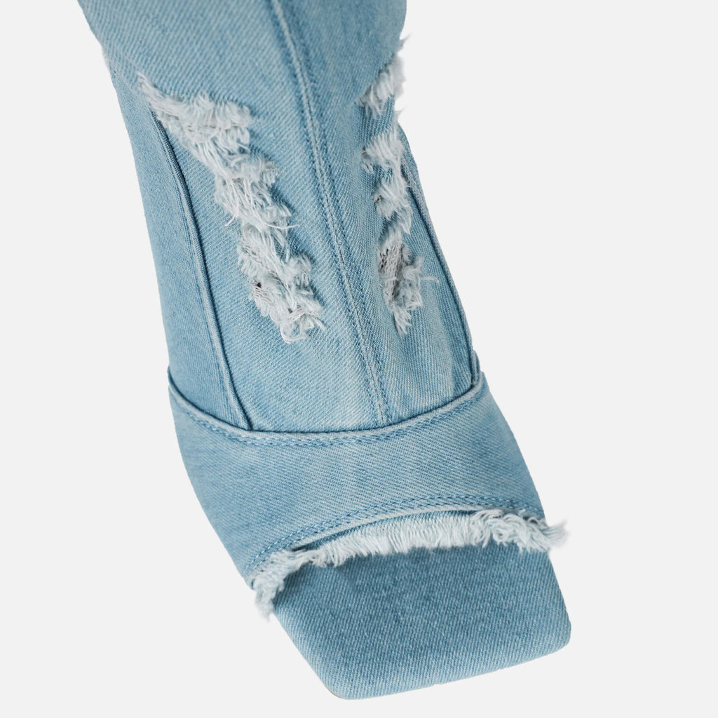 Frayed Edge Open-Toe Denim Ankle Boots