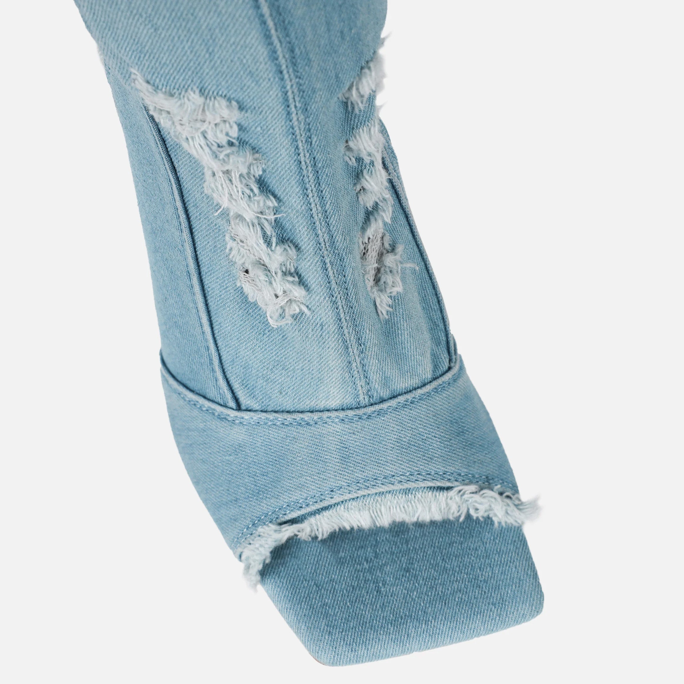 Frayed Edge Open-Toe Denim Ankle Boots