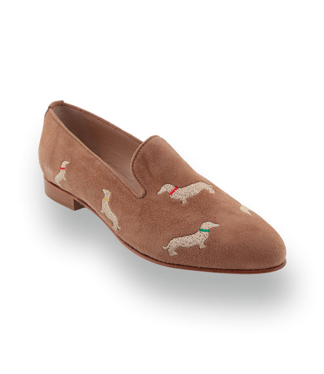 Ladies' Dachshund Embroidered Suede Loafers