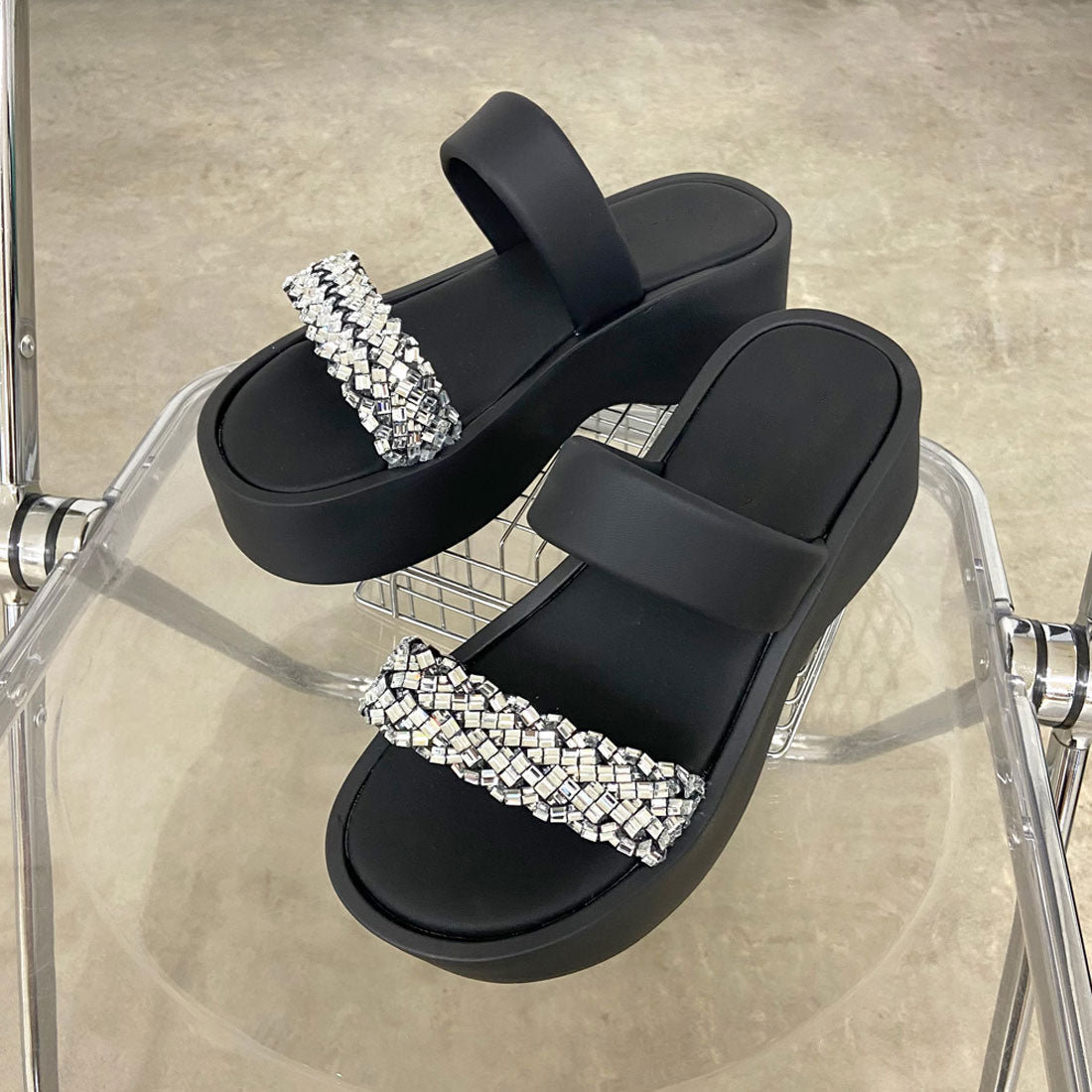 Ladies' Rhinestone Embellished Platform Slide Sandals