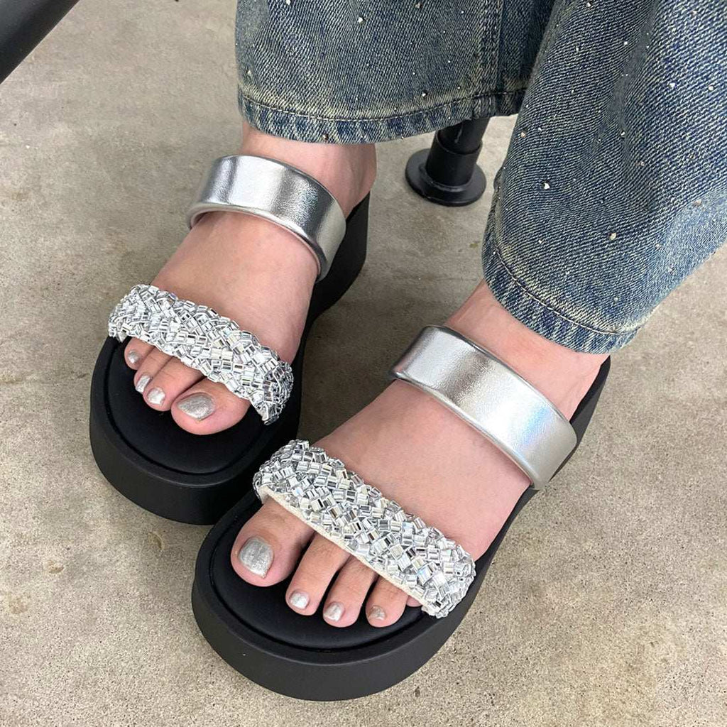 Ladies' Rhinestone Embellished Platform Slide Sandals