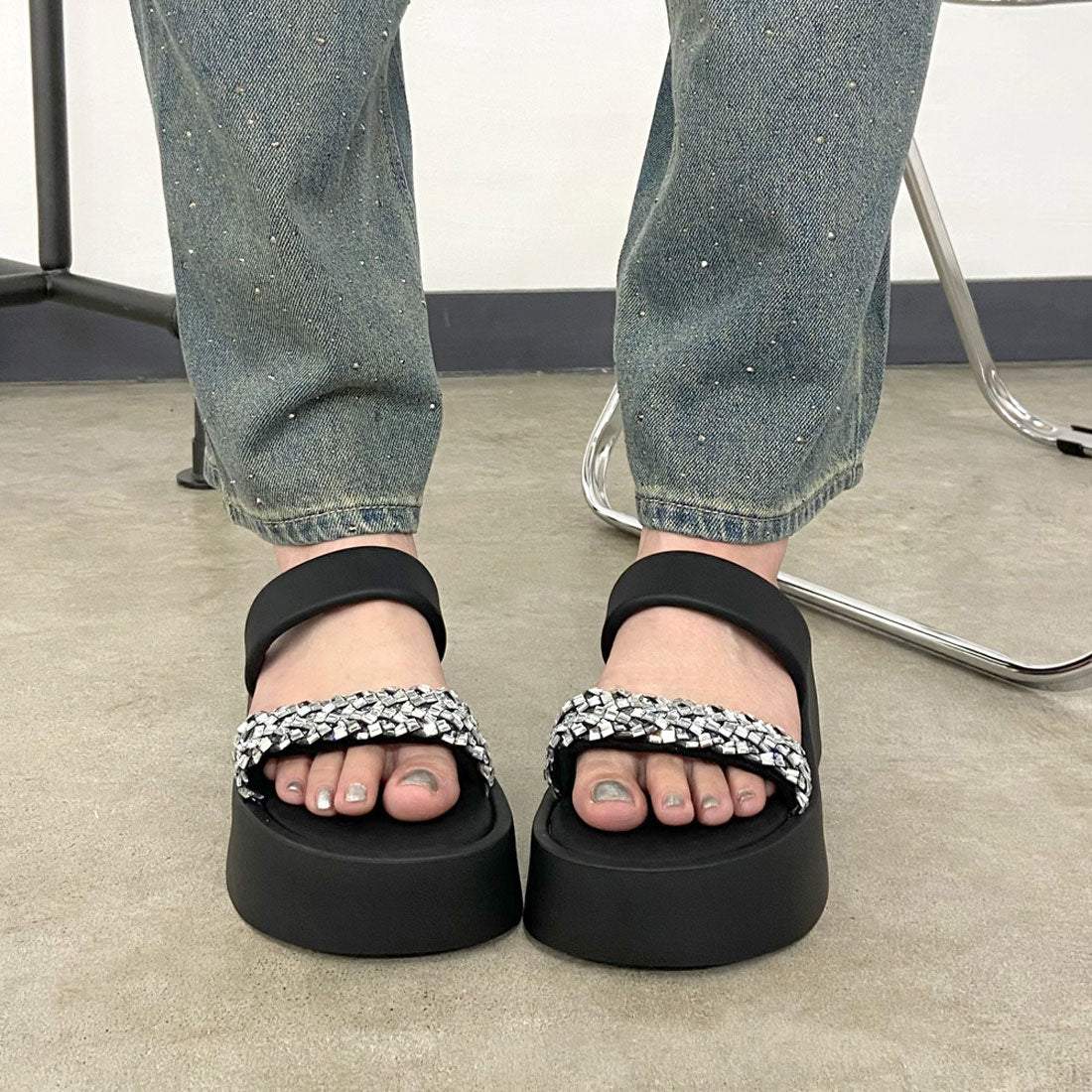 Ladies' Rhinestone Embellished Platform Slide Sandals