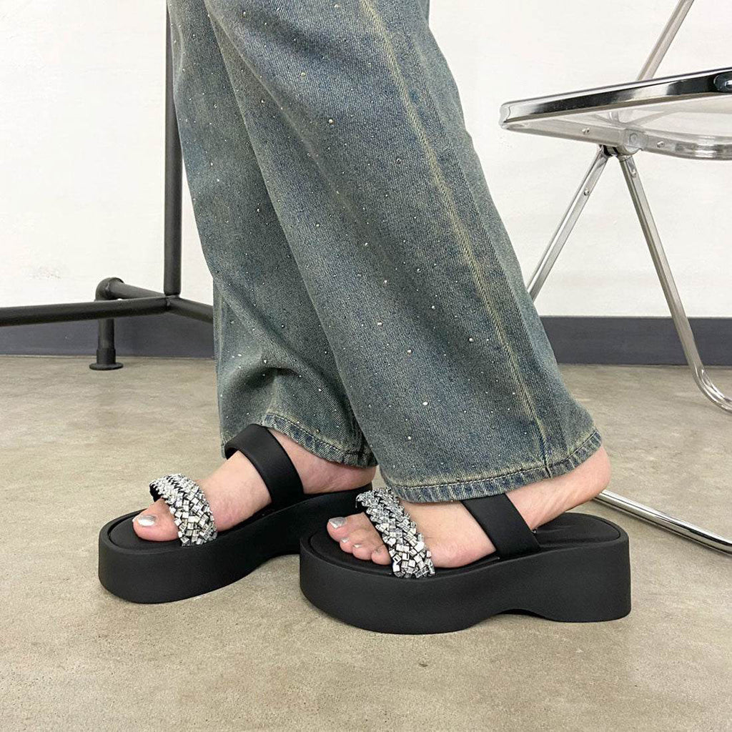 Ladies' Rhinestone Embellished Platform Slide Sandals