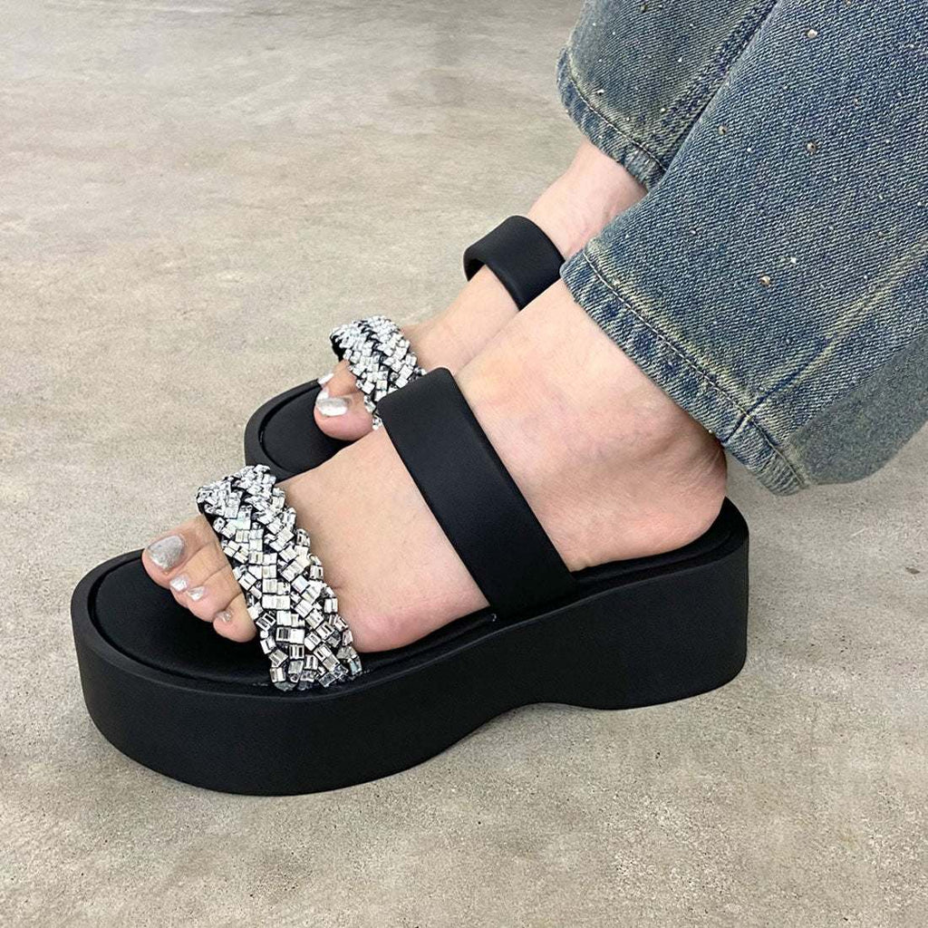 Ladies' Rhinestone Embellished Platform Slide Sandals