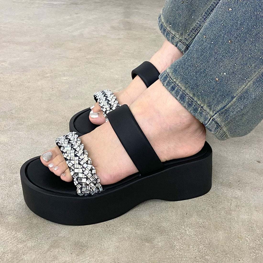 Ladies' Rhinestone Embellished Platform Slide Sandals