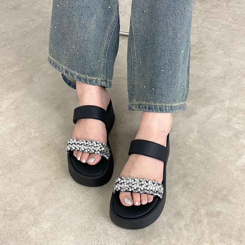Ladies' Rhinestone Embellished Platform Slide Sandals