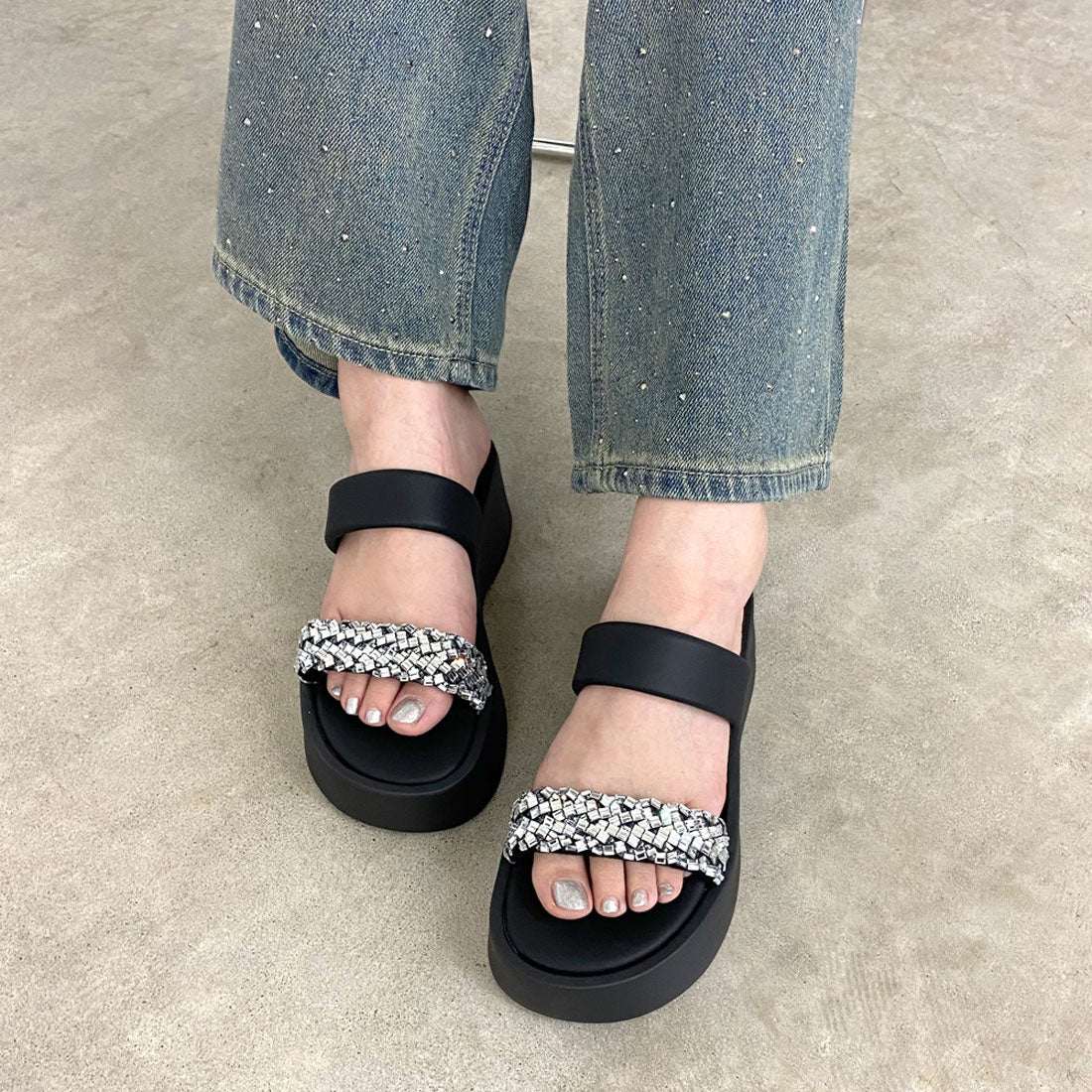 Ladies' Rhinestone Embellished Platform Slide Sandals