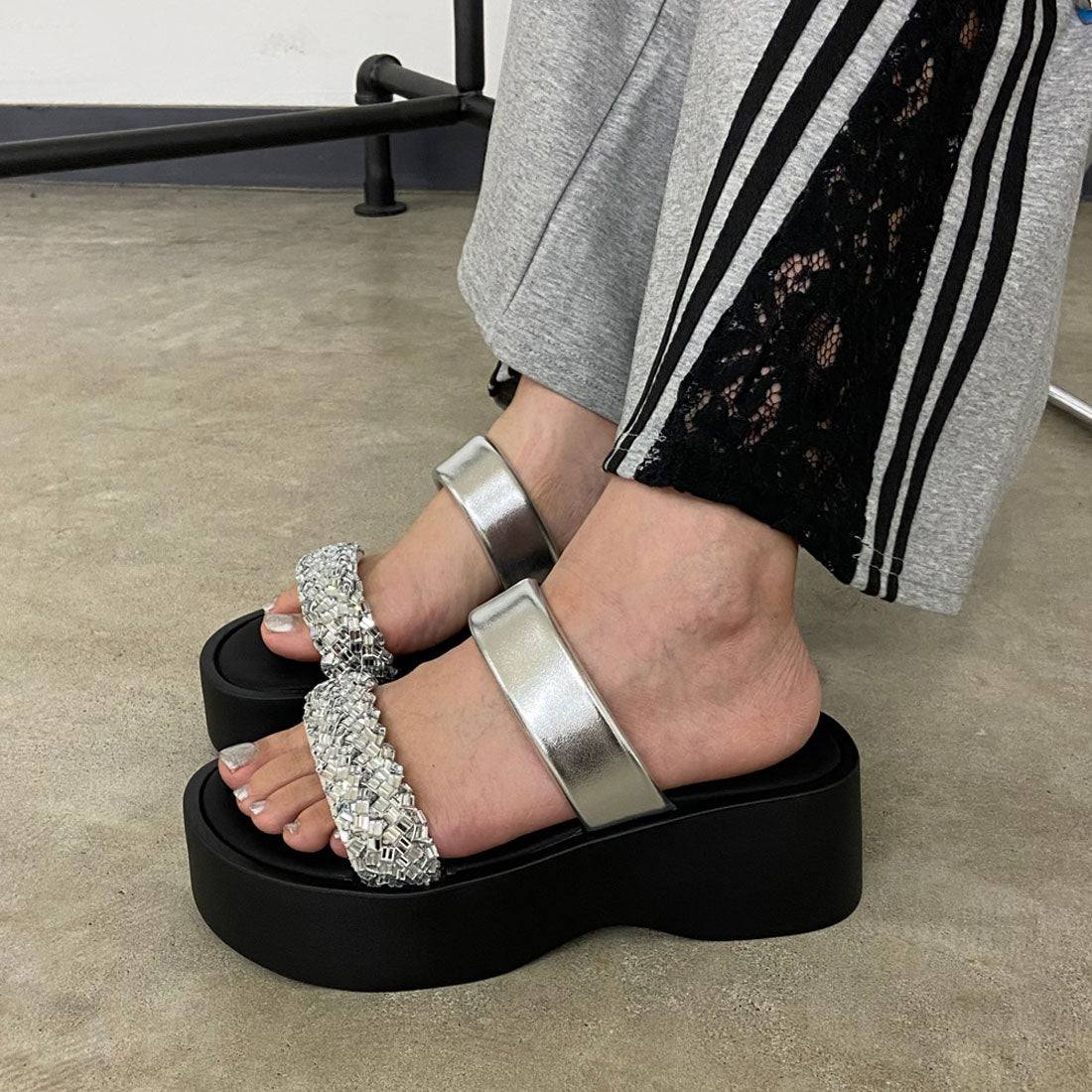 Ladies' Rhinestone Embellished Platform Slide Sandals
