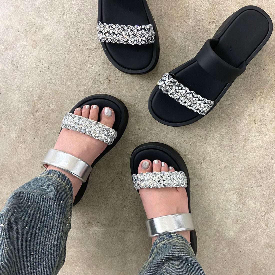 Ladies' Rhinestone Embellished Platform Slide Sandals