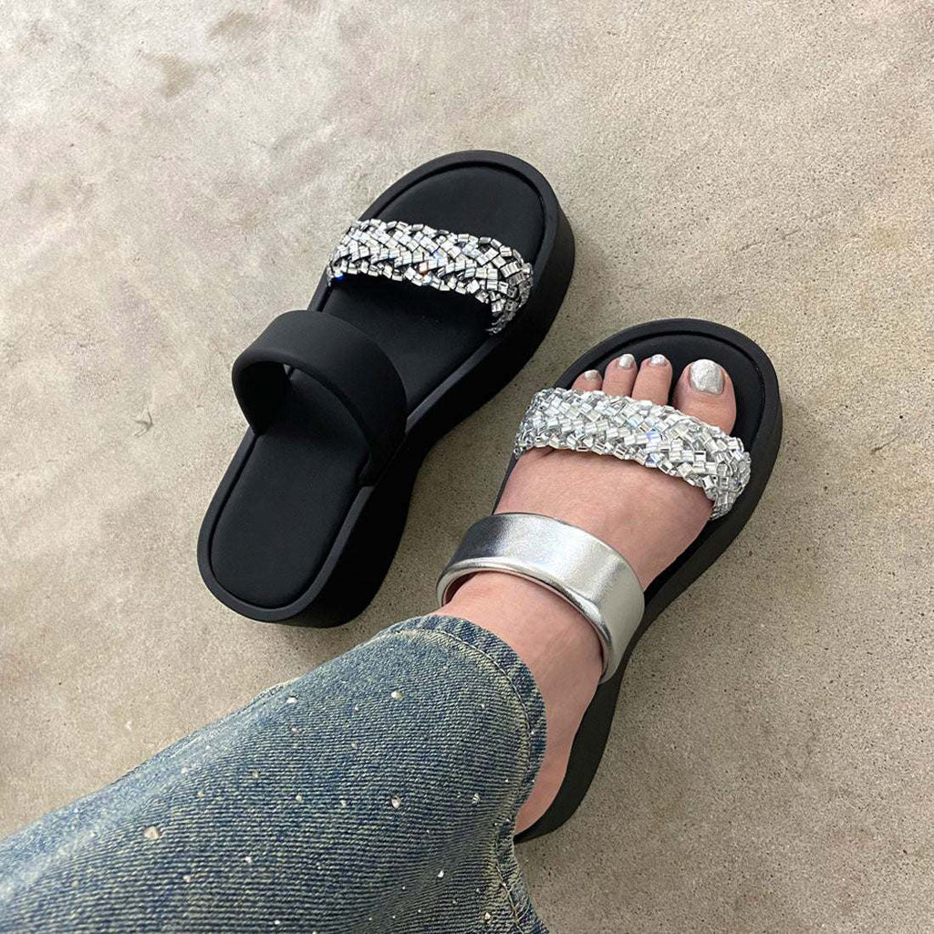 Ladies' Rhinestone Embellished Platform Slide Sandals